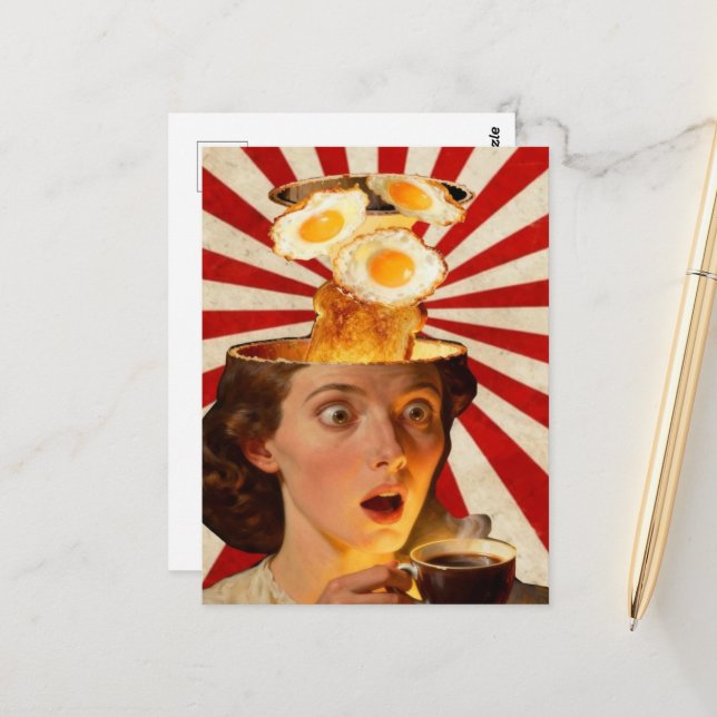 Carte Postale Surreal Breakfast Toast and Coffee Woman Red White (Devant/Arrière en situation)