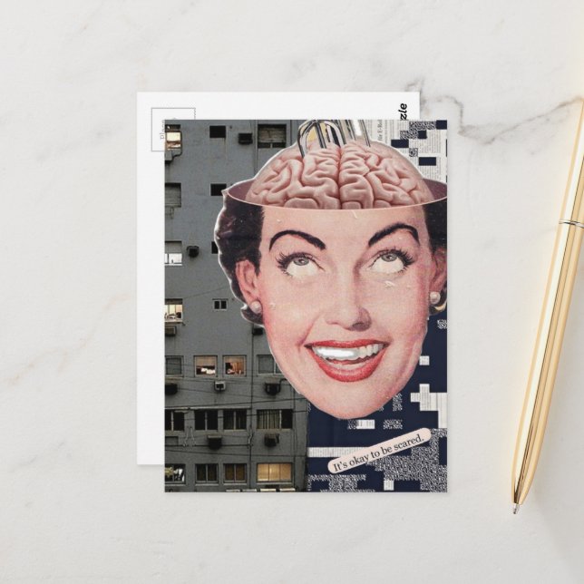 Carte Postale surreal ok to be scared woman collage (Devant/Arrière en situation)