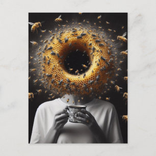 Carte Postale Surreal Tea Time Bees Honeycomb Black Hotte Head