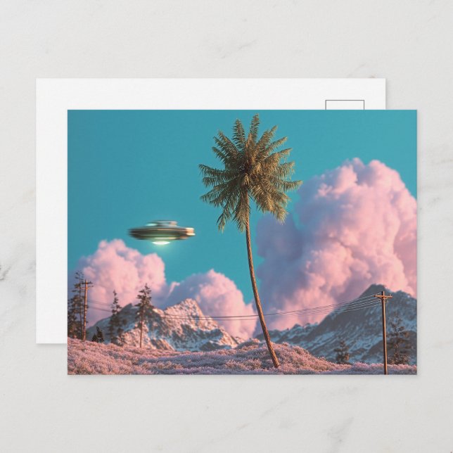 Carte Postale Surreal UFO and Palm Tree Mountain Scene (Devant / Derrière)