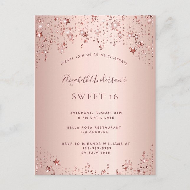 Carte Postale Sweet 16 16e anniversaire rose or étoiles invitati (Devant)
