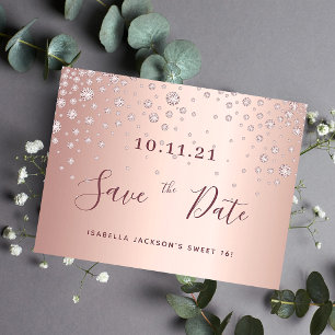 Carte Postale Sweet 16 Ans rose diamants or enregistrer la date