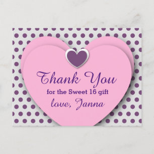 Carte Postale SWEET 16 Coeurs de Merci Pois violets B07