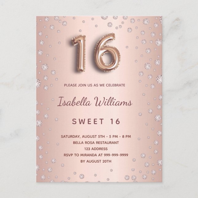 Carte Postale Sweet 16 rose or brush diamants glam (Devant)