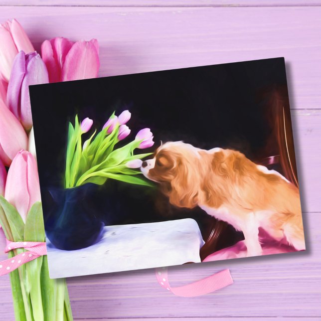 Carte Postale Sweet Cavalier King Charles et Tulipes roses (Créateur téléchargé)