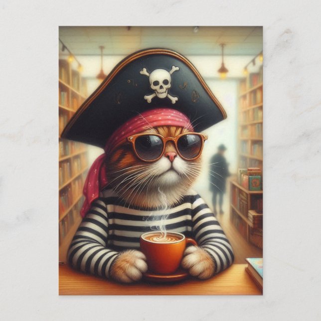 Carte Postale Sweet Kitty Pirate avec un café dans une librairie (Devant)