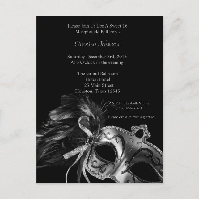 Carte Postale Sweet sixteen de balle en argent mascarade anniver (Devant)