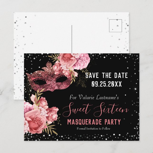 Carte Postale Sweet sixteen mascarade rose Enregistrer la date (Devant / Derrière)