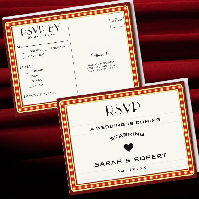 Carte Postale Symbole du Marqueur du Cinéma Retro Mariage rouge  (Retro Cinema Theater Marquee Sign Red Wedding RSVP Postcard)