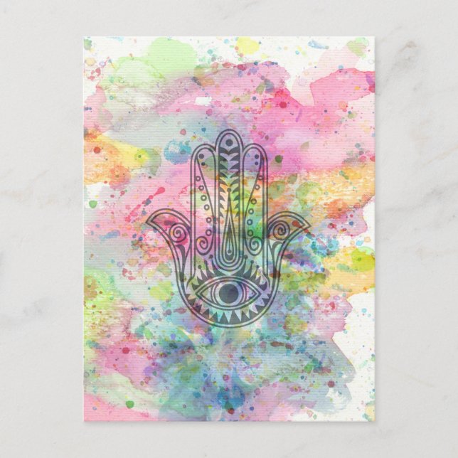 Carte Postale Symbole main HAMSA Aquarelle colorée (Devant)
