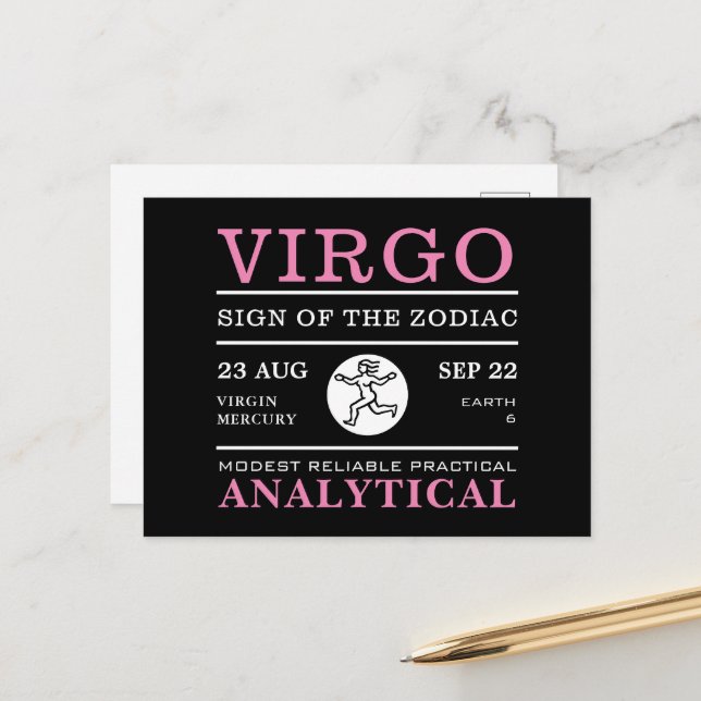 Carte Postale Symbole Virgo du Zodiaque, Astrologique (Devant/Arrière en situation)
