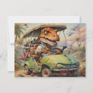 Carte Postale T-Rex conduisant voiturette de golf verte