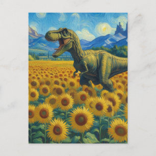 Carte Postale T-Rex dans le champ de tournesol Van Gogh Style