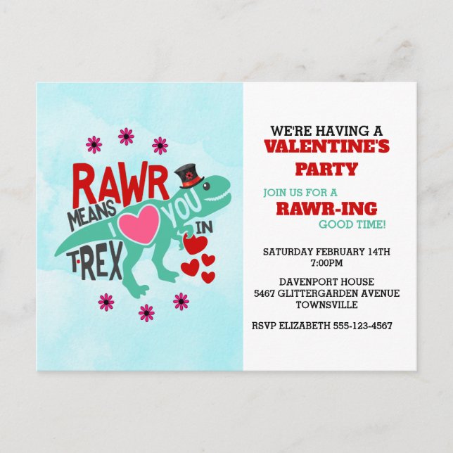 Carte Postale T-Rex dans un Top Hat Cute Funny Valentine Invitat (Devant)