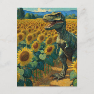 Carte Postale T-Rex Dino dans le champ de tournesol Van Gogh