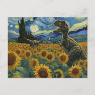 Carte Postale T-Rex Dinos à Van Gogh Starry Sunflower de nuit