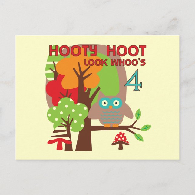 Carte Postale T-shirts et cadeaux Owl 4th Birthday (Devant)