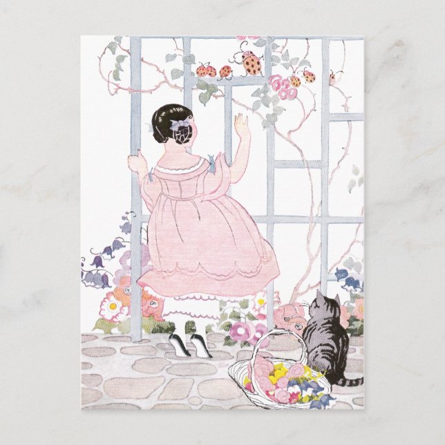 Carte Postale Tabby Chat et Fille de Trellis avec Vin Flower (Devant)
