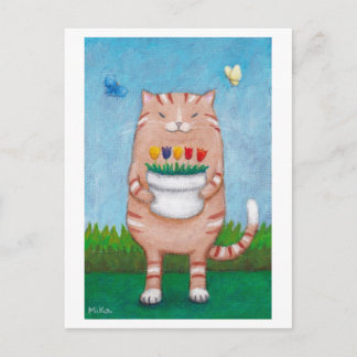 Carte postale Tabby Chat orange avec Papillons aux