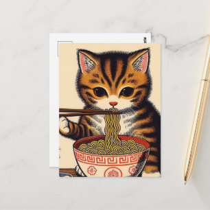 Carte Postale Tabby Kitten Brown Manger Ramen Bois Imprimer