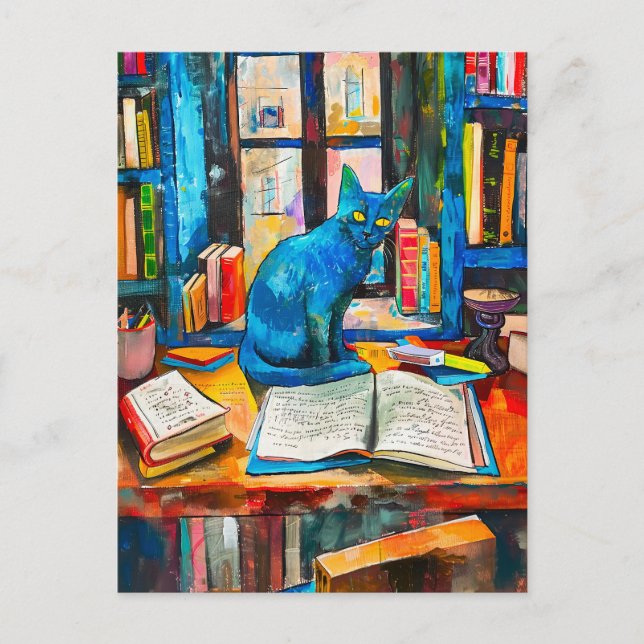Carte Postale tableau de Cat Among Open Books (Devant)