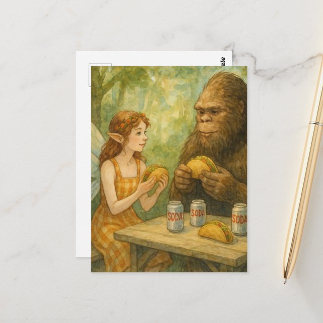 Carte Postale Tacos pour manger des fées et des sasquatch (Devant/Arrière en situation)