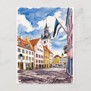 Carte Postale Tallinn Estonie Street aquarelle peinture