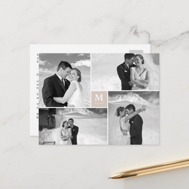 Carte Postale Tan Carré Monogramme 4 Mariage photo Merci (Devant/Arrière en situation)