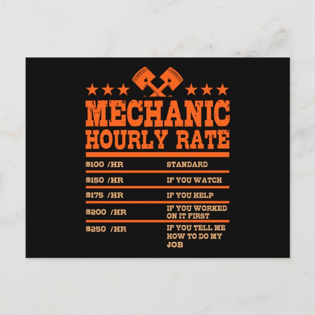 Carte Postale TARIF HORAIRE MÉCANIQUE Funny Voiture Tarifs mécan (Devant)