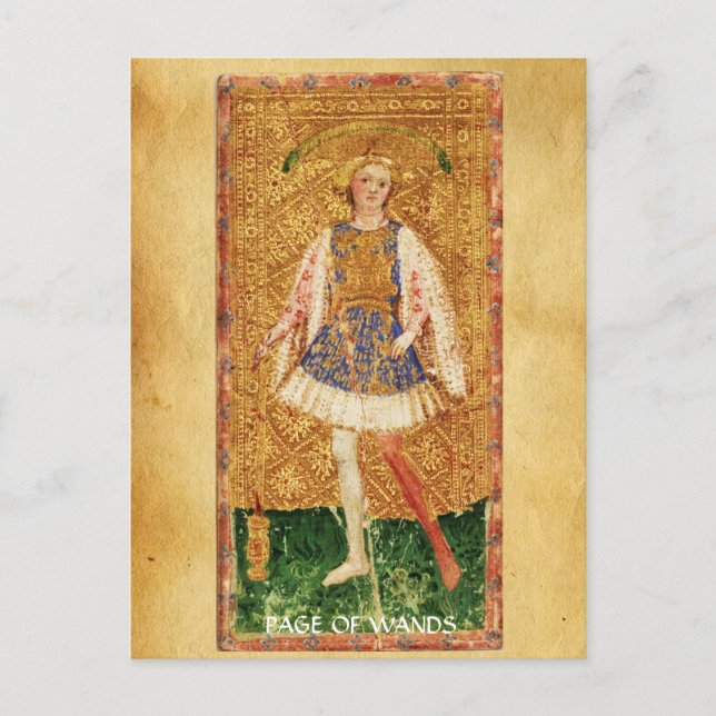 CARTE POSTALE TAROTS DE RENAISSANCE ANTIQUE / PAGE DES WANDS (Devant)