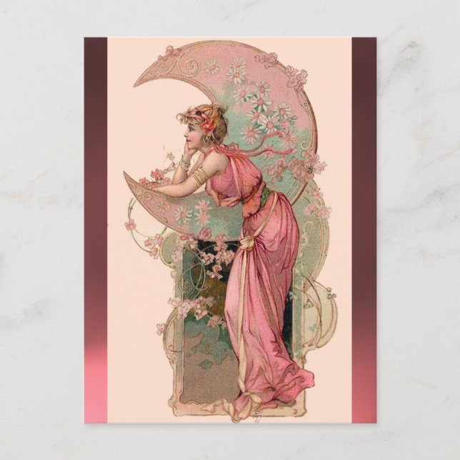 CARTE POSTALE TAROTS / LADY DE LA LUNE AVEC FLEURS EN ROSE (Devant)