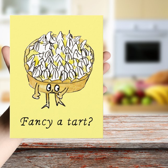 Carte Postale Tarte aux citrons meringuée drôle et fantaisiste A (Fancy a tart quote funny lemon meringue pie cartoon watercolor art greetings postcard for cake lover)
