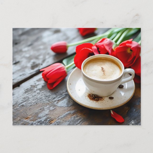 Carte Postale Tasse à café sur fond rustique avec tulipes rouges (Devant)