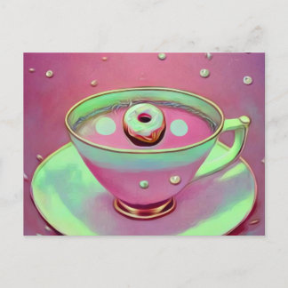 Carte Postale Tasse à thé vintage surréaliste & mini donut