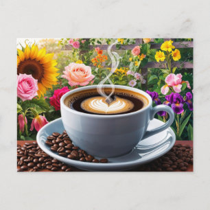 Carte Postale Tasse de café du matin et beau jardin floral 