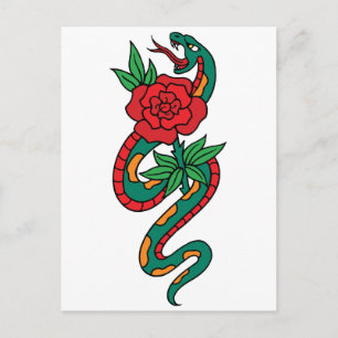 Carte Postale Tatouage de serpent enroulé autour d'une rose roug