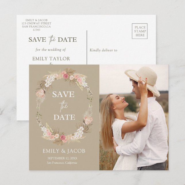Carte Postale Taupe Boho couronne florale Enregistrer la date (Devant / Derrière)