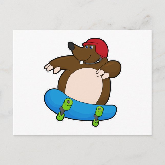 Carte Postale Taupe en patineuse avec planche à roulettes et cas (Devant)