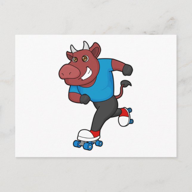 Carte Postale Taureau au patinage en ligne avec des patins à rou (Devant)