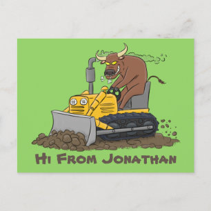 Carte Postale Taureau drôle conduisant un bulldozer en dessin an