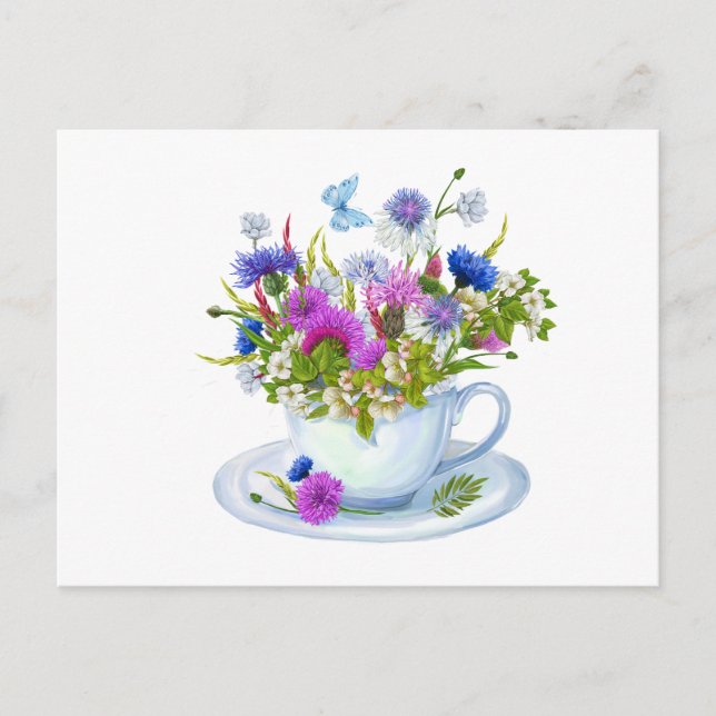 Carte Postale Tea d'aquarelle avec Cornflowers, Fleur sauvage (Devant)