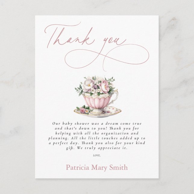 Carte Postale Tea Party rose Merci Baby shower fille (Devant)