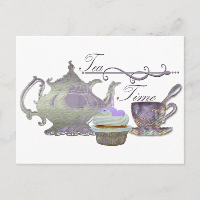 Carte Postale Tea Time ! Thé Lilac, Teapot et Cupcake Art (Devant)