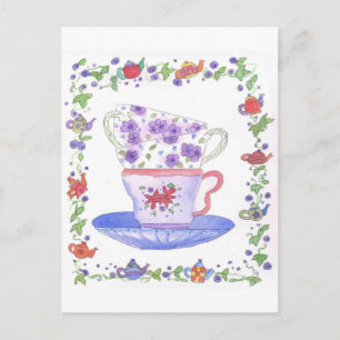 Carte Postale Teacup Stack Tea Time Aquarelle Fleurs