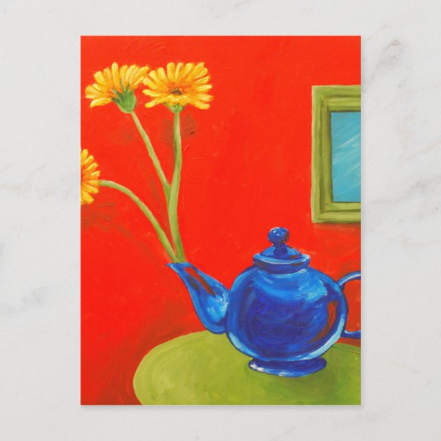 Carte Postale Teapot bleu et marguerites (Devant)