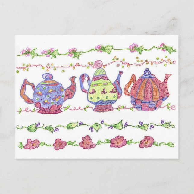 Carte Postale Teapots Tea Fleurs Temps Orange (Devant)