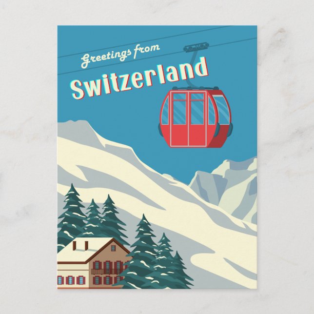 Carte Postale Téléphérique de montagne enneigée rétro Suisse (Devant)