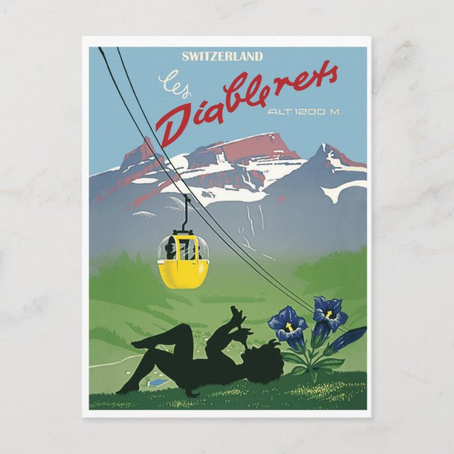 Carte Postale Téléphérique jaune sur la montagne Diablerets, vin (Devant)