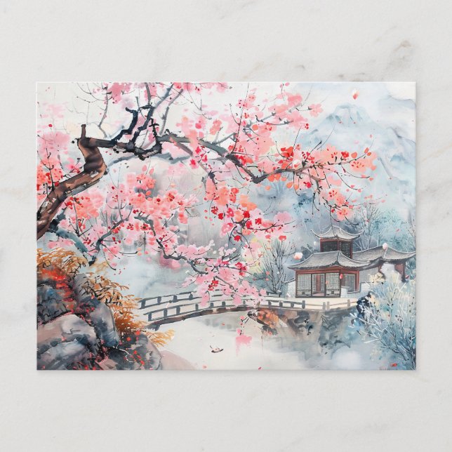 Carte Postale Temple aquarelle chinois avec fleurs de cerisier (Devant)