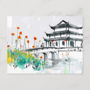 Carte Postale Temple chinois par un étang à fleurs